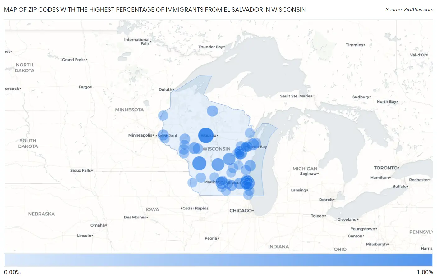 Zip Codes with the Highest Percentage of Immigrants from El Salvador in Wisconsin Map
