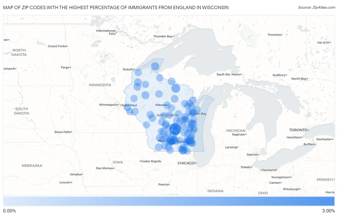 Zip Codes with the Highest Percentage of Immigrants from England in Wisconsin Map
