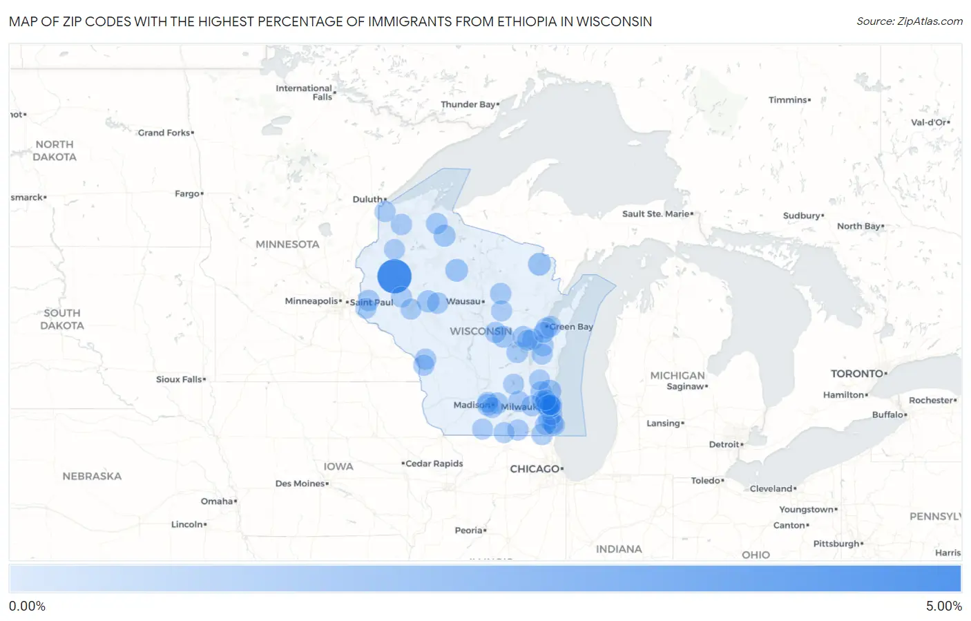 Zip Codes with the Highest Percentage of Immigrants from Ethiopia in Wisconsin Map