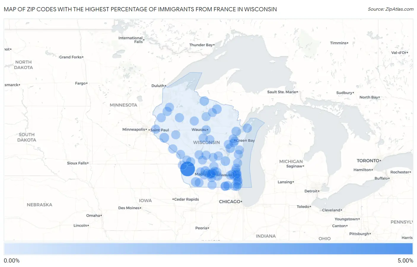 Zip Codes with the Highest Percentage of Immigrants from France in Wisconsin Map