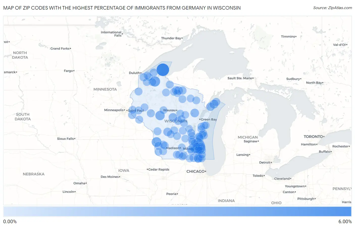 Zip Codes with the Highest Percentage of Immigrants from Germany in Wisconsin Map