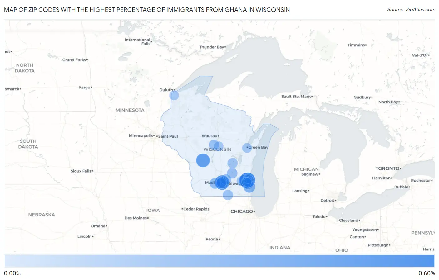 Zip Codes with the Highest Percentage of Immigrants from Ghana in Wisconsin Map