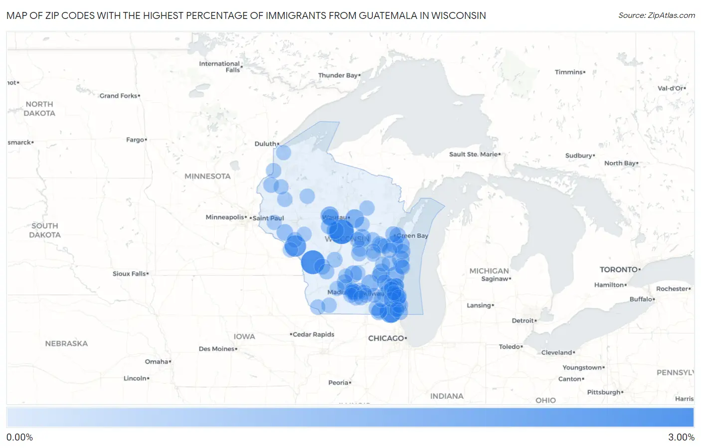 Zip Codes with the Highest Percentage of Immigrants from Guatemala in Wisconsin Map
