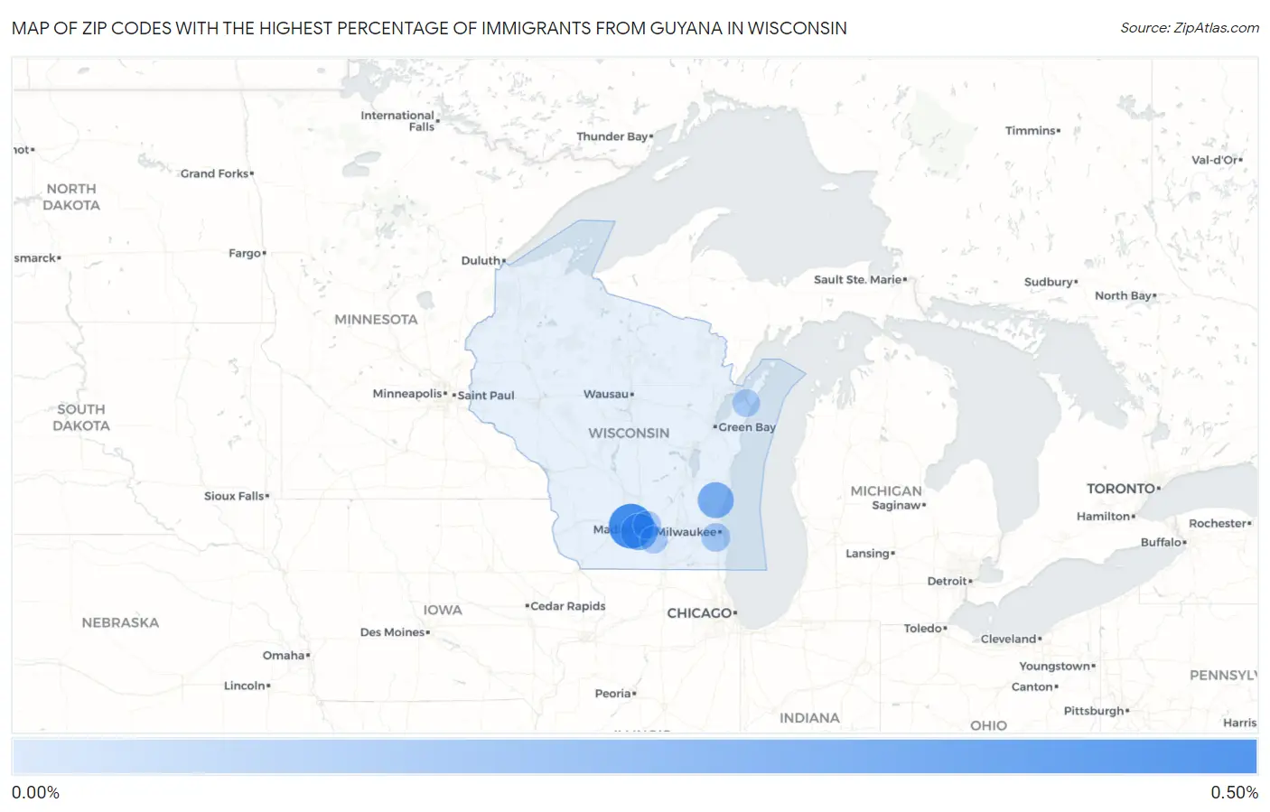 Zip Codes with the Highest Percentage of Immigrants from Guyana in Wisconsin Map