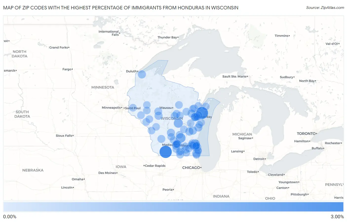 Zip Codes with the Highest Percentage of Immigrants from Honduras in Wisconsin Map