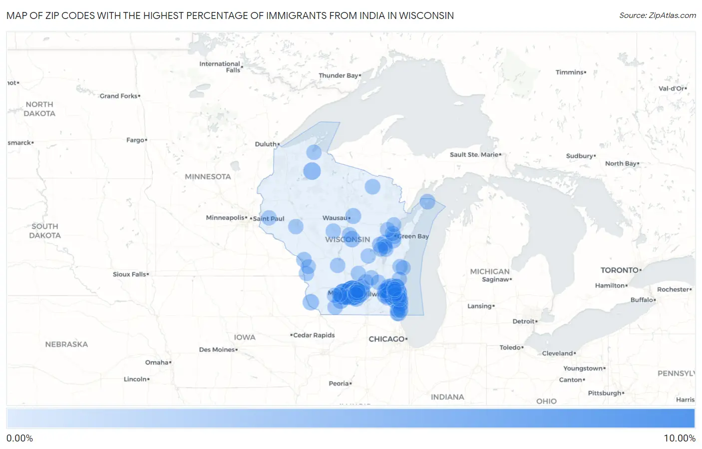 Zip Codes with the Highest Percentage of Immigrants from India in Wisconsin Map
