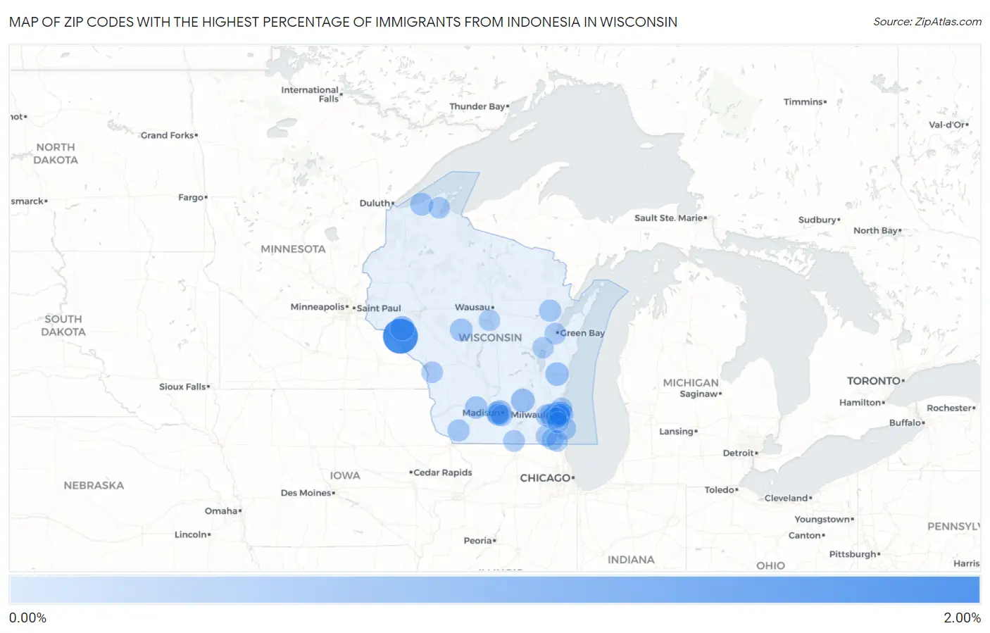 Zip Codes with the Highest Percentage of Immigrants from Indonesia in Wisconsin Map