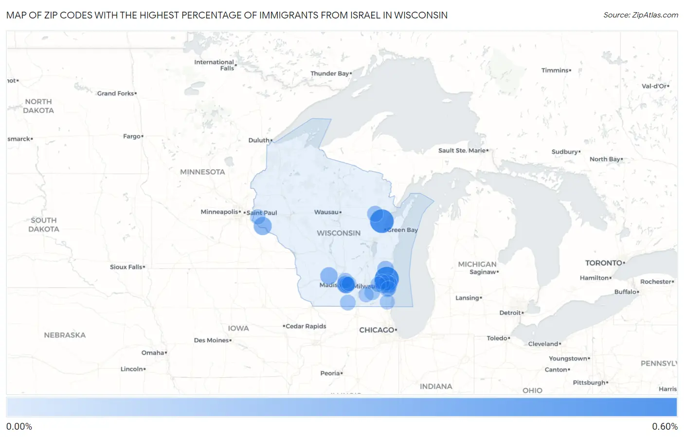 Zip Codes with the Highest Percentage of Immigrants from Israel in Wisconsin Map