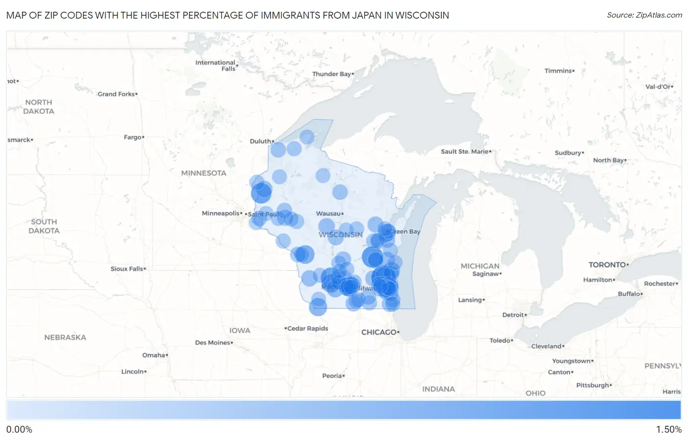 Zip Codes with the Highest Percentage of Immigrants from Japan in Wisconsin Map
