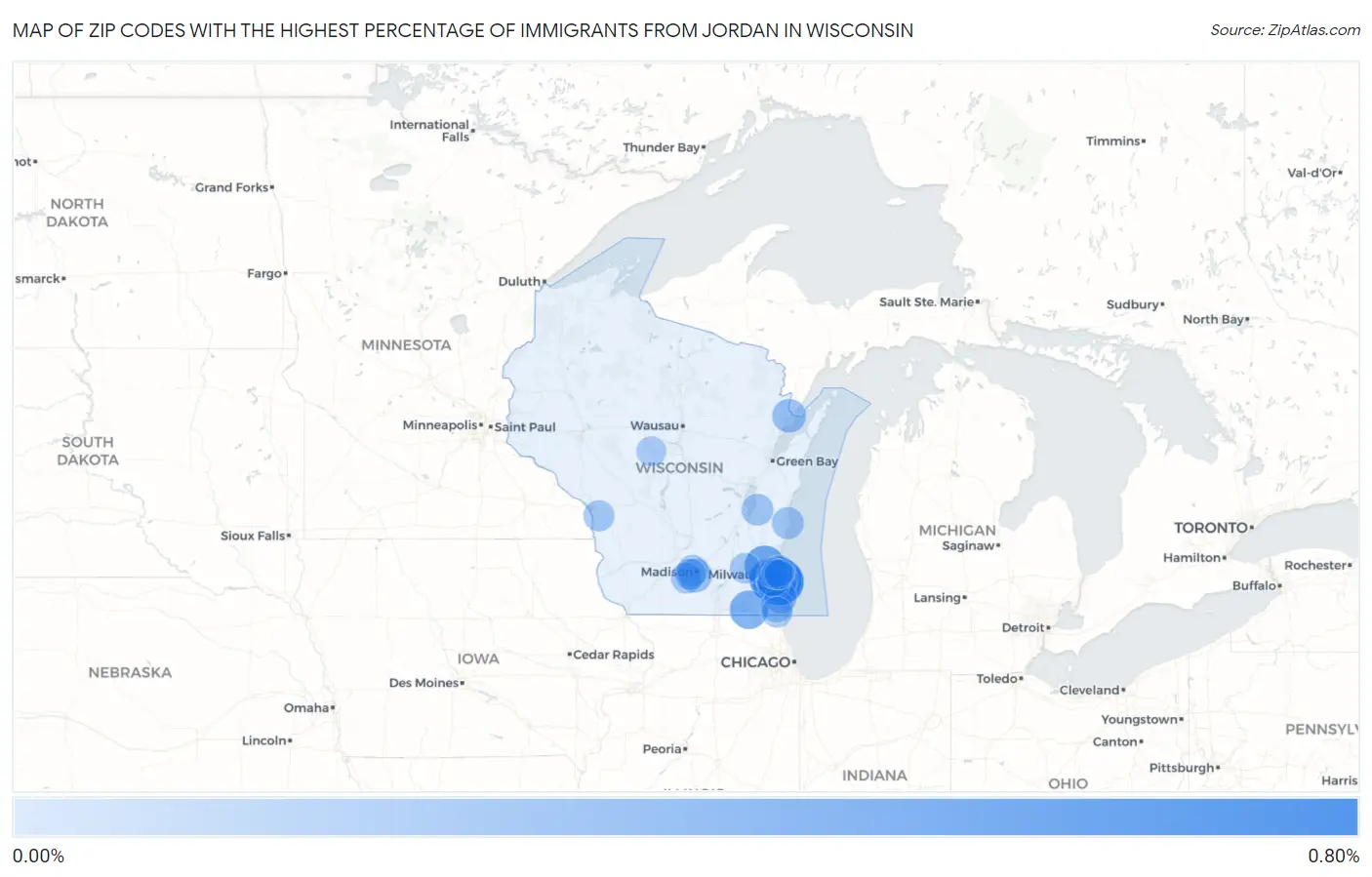 Zip Codes with the Highest Percentage of Immigrants from Jordan in Wisconsin Map