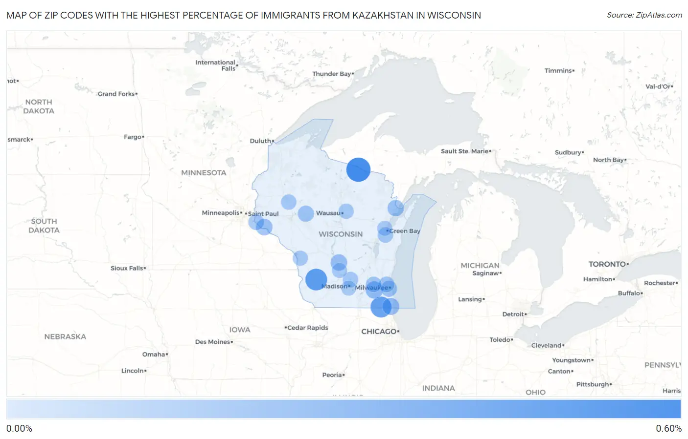 Zip Codes with the Highest Percentage of Immigrants from Kazakhstan in Wisconsin Map