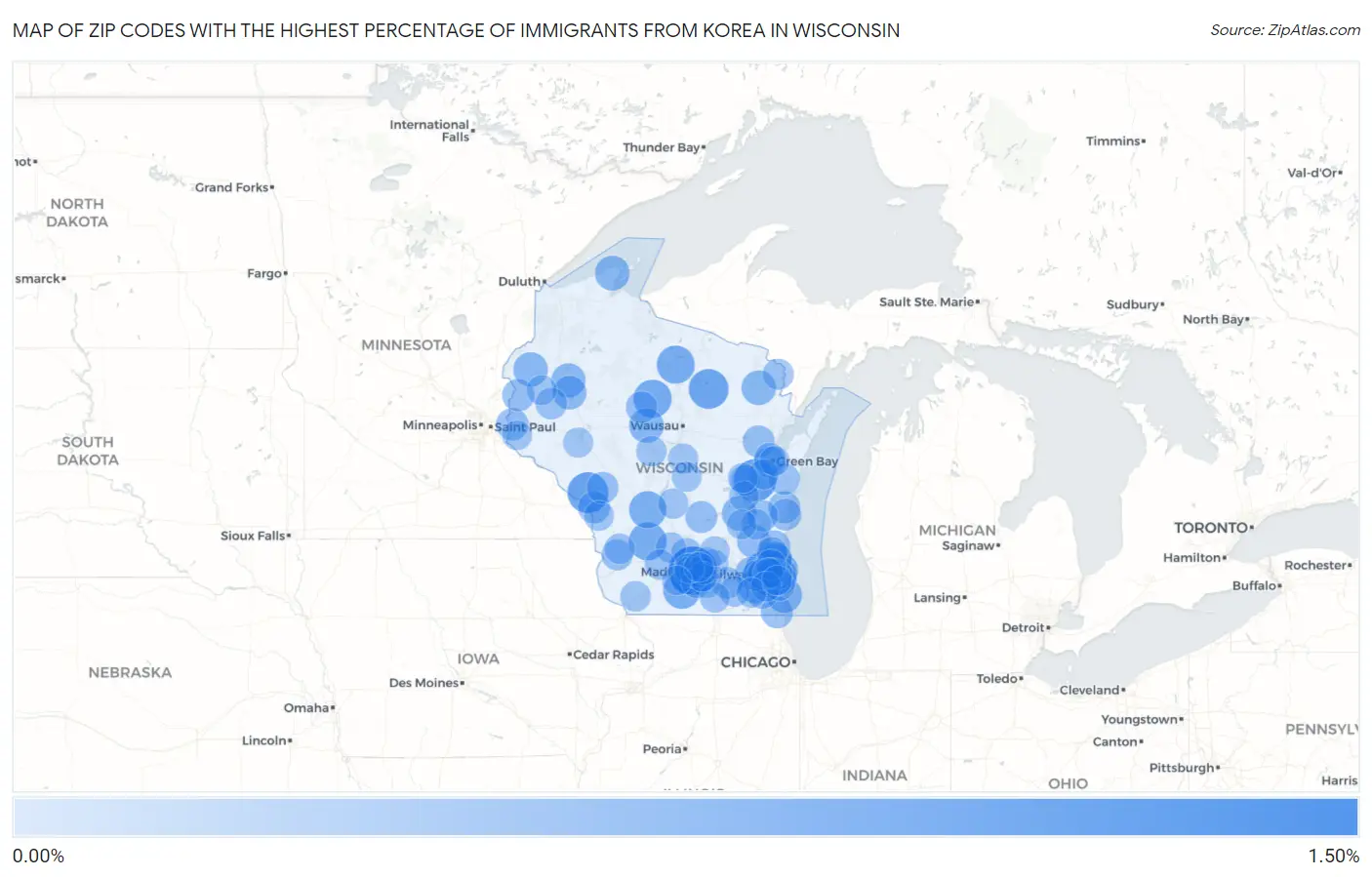 Zip Codes with the Highest Percentage of Immigrants from Korea in Wisconsin Map