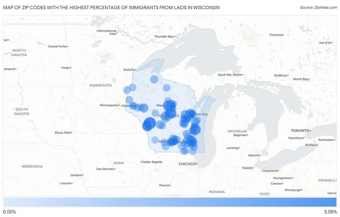 Zip Codes with the Highest Percentage of Immigrants from Laos in Wisconsin Map