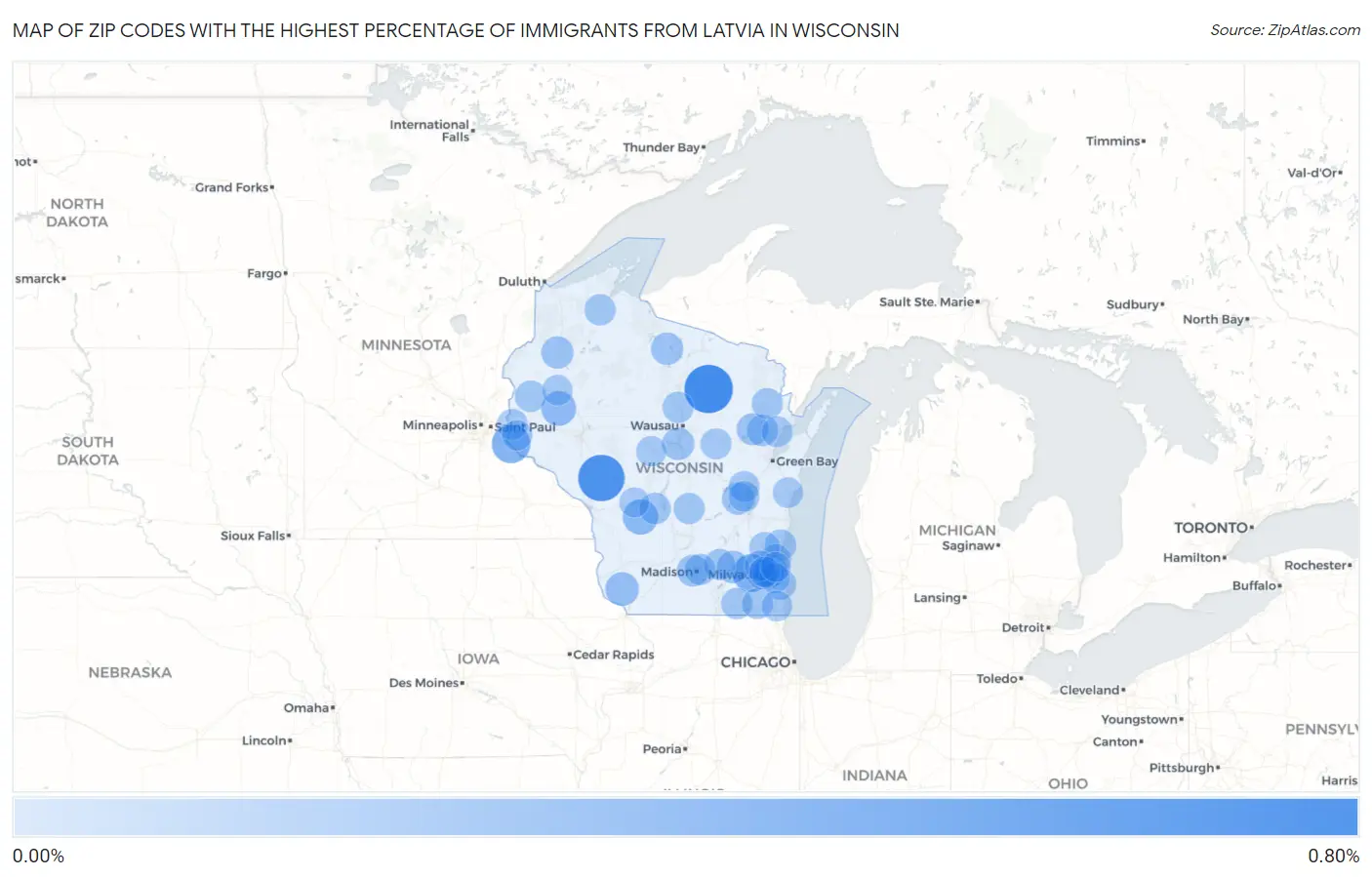 Zip Codes with the Highest Percentage of Immigrants from Latvia in Wisconsin Map