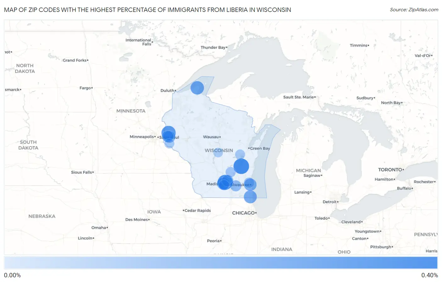 Zip Codes with the Highest Percentage of Immigrants from Liberia in Wisconsin Map