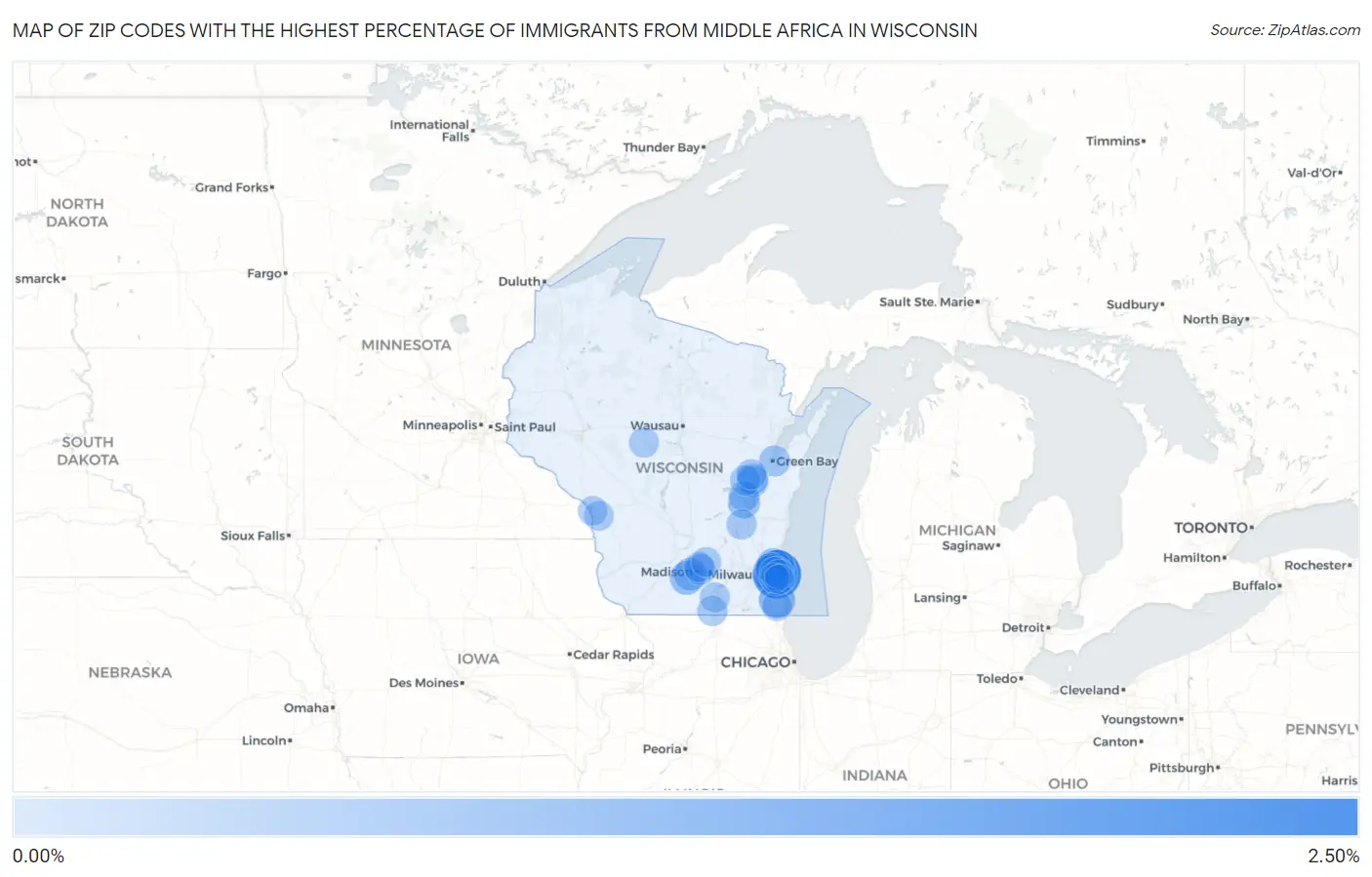 Zip Codes with the Highest Percentage of Immigrants from Middle Africa in Wisconsin Map