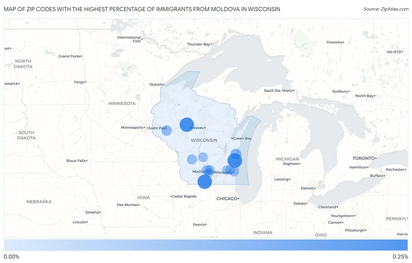 Zip Codes with the Highest Percentage of Immigrants from Moldova in Wisconsin Map