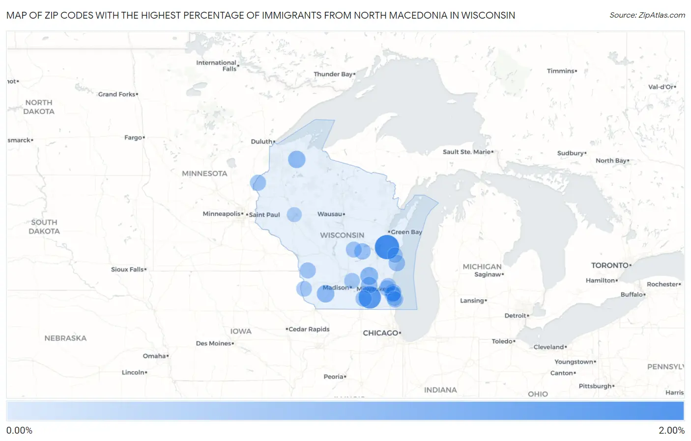 Zip Codes with the Highest Percentage of Immigrants from North Macedonia in Wisconsin Map