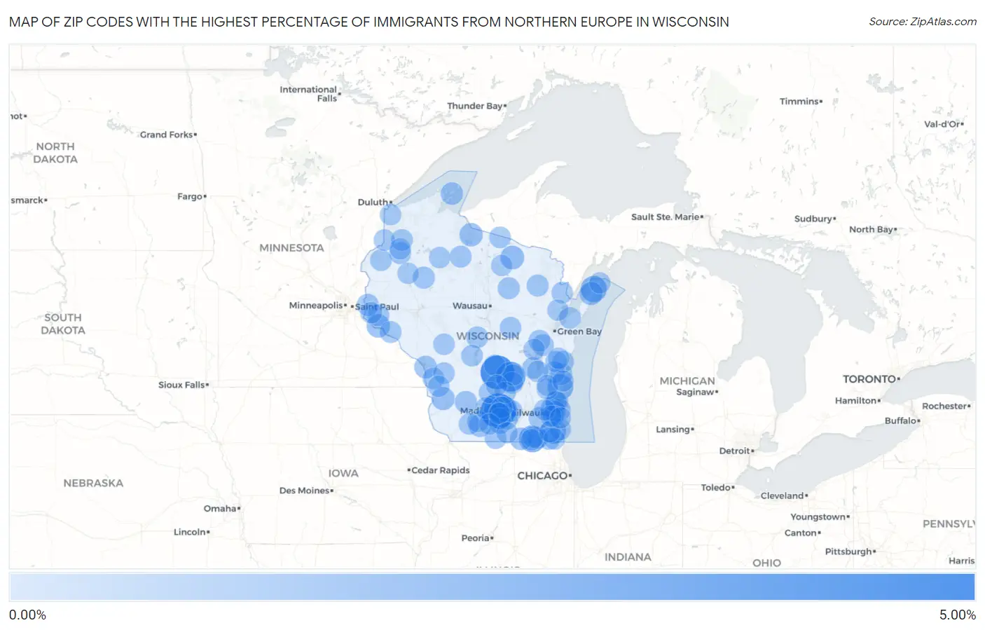 Zip Codes with the Highest Percentage of Immigrants from Northern Europe in Wisconsin Map