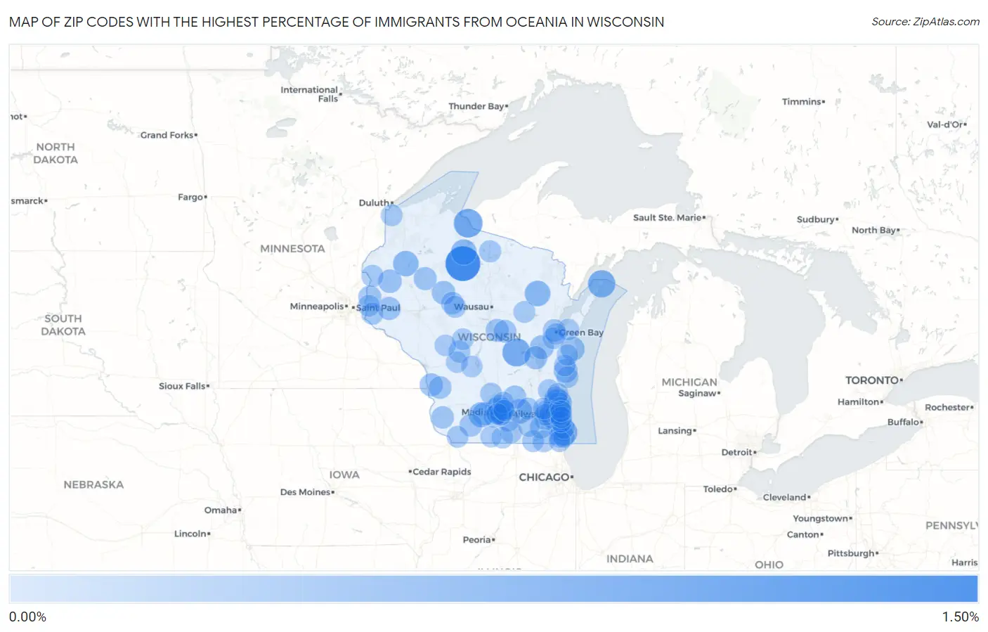 Zip Codes with the Highest Percentage of Immigrants from Oceania in Wisconsin Map