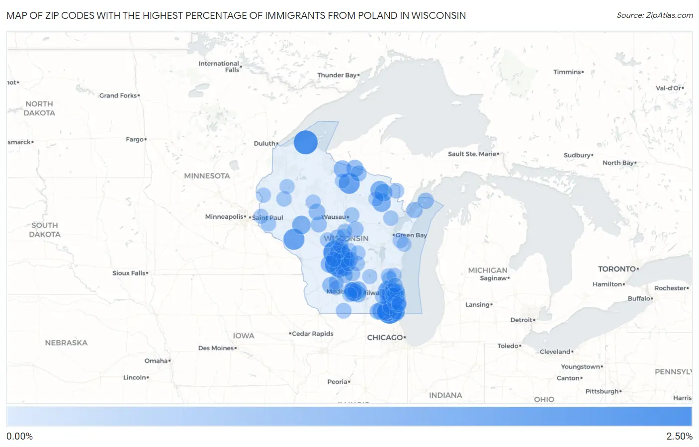 Zip Codes with the Highest Percentage of Immigrants from Poland in Wisconsin Map