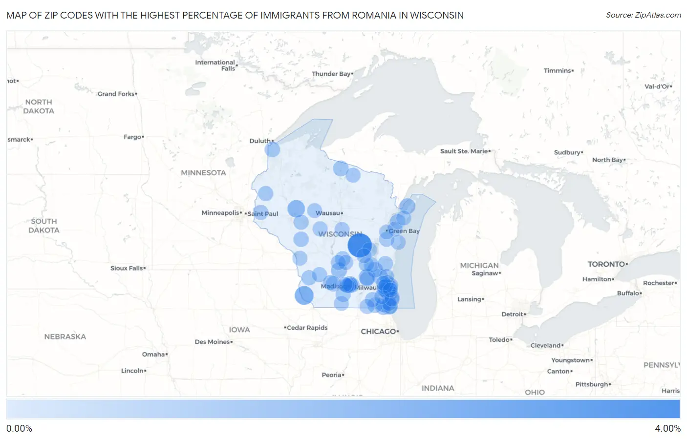 Zip Codes with the Highest Percentage of Immigrants from Romania in Wisconsin Map