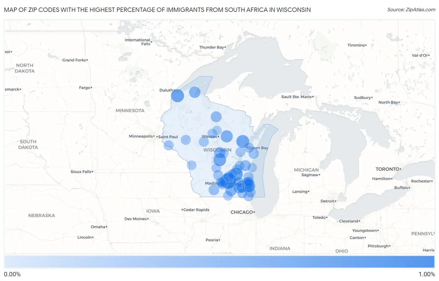 Zip Codes with the Highest Percentage of Immigrants from South Africa in Wisconsin Map