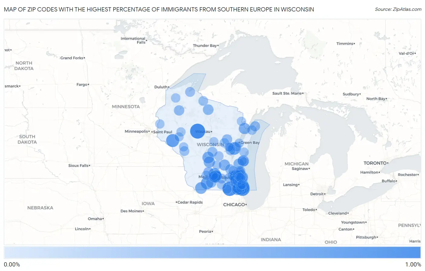 Zip Codes with the Highest Percentage of Immigrants from Southern Europe in Wisconsin Map
