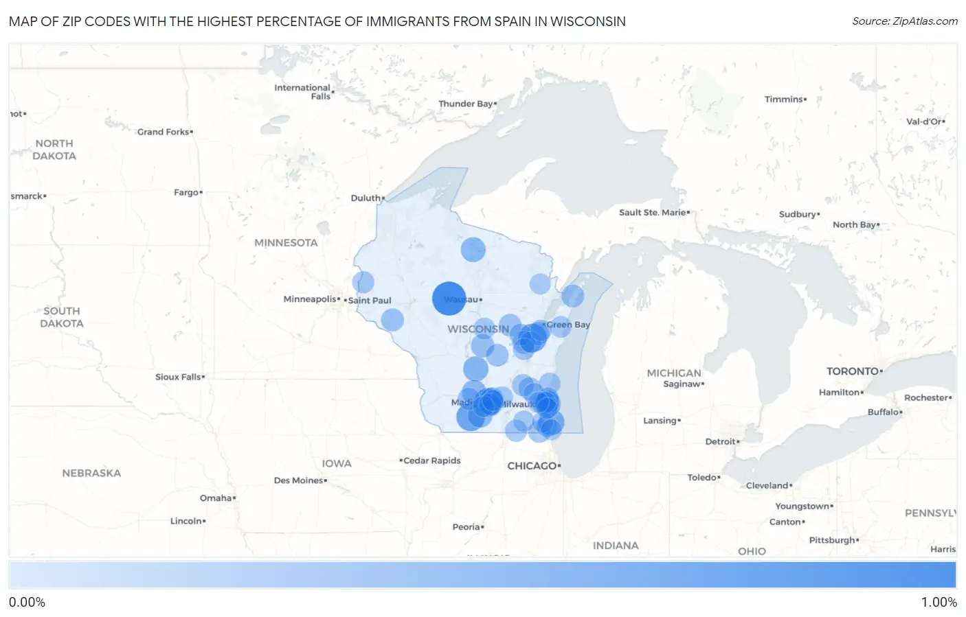 Zip Codes with the Highest Percentage of Immigrants from Spain in Wisconsin Map