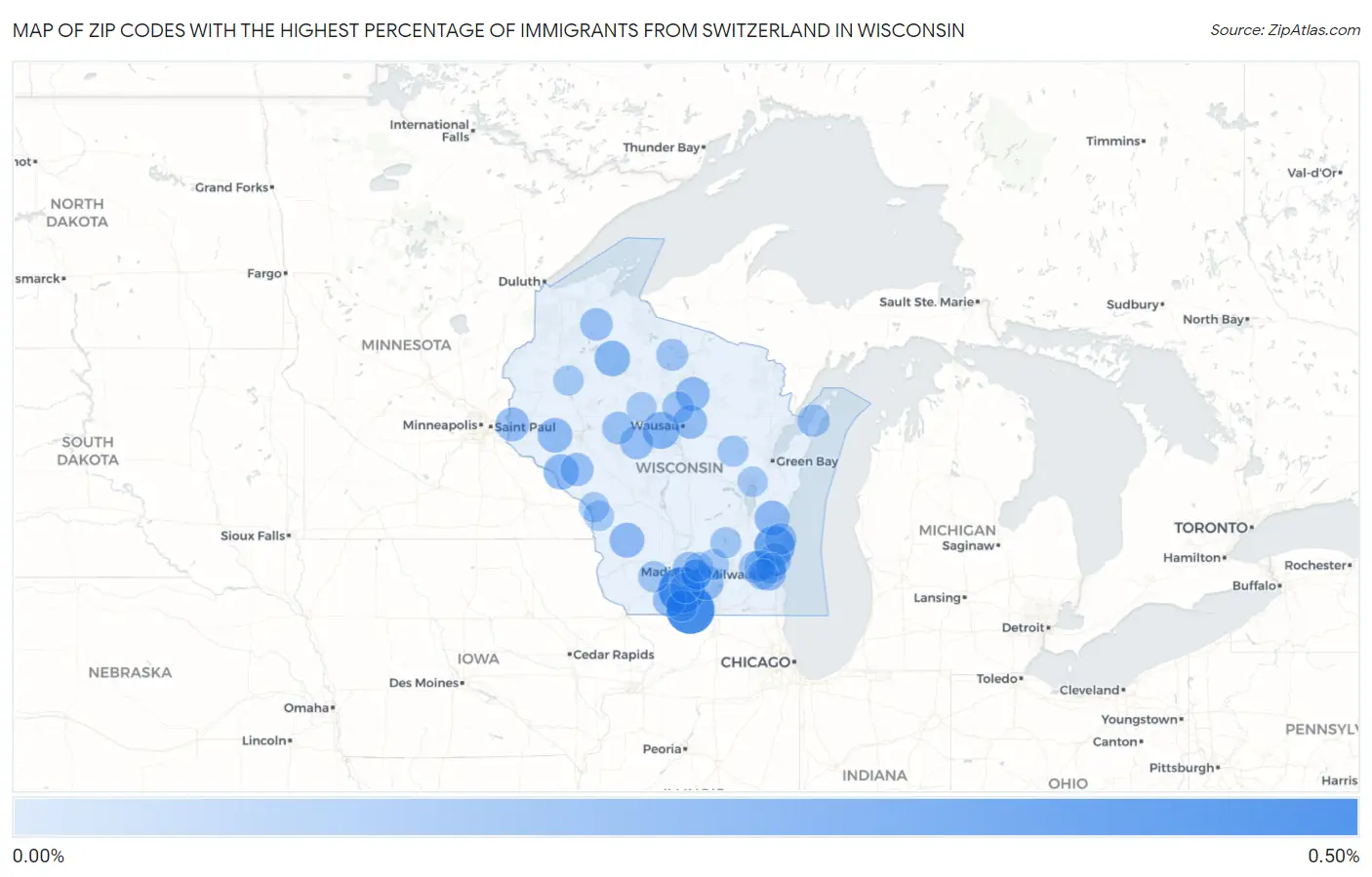 Zip Codes with the Highest Percentage of Immigrants from Switzerland in Wisconsin Map