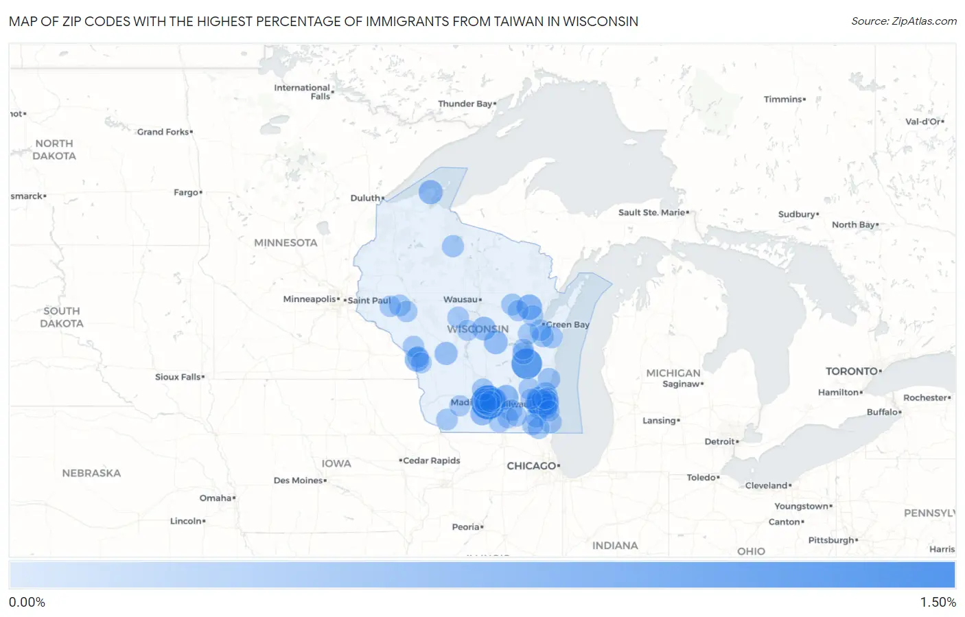 Zip Codes with the Highest Percentage of Immigrants from Taiwan in Wisconsin Map