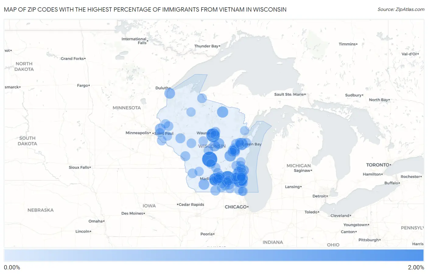Zip Codes with the Highest Percentage of Immigrants from Vietnam in Wisconsin Map