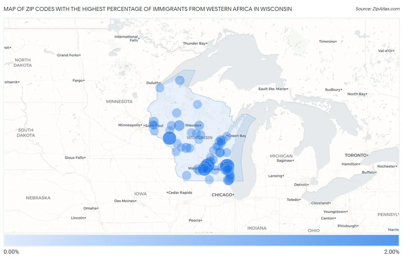 Zip Codes with the Highest Percentage of Immigrants from Western Africa in Wisconsin Map