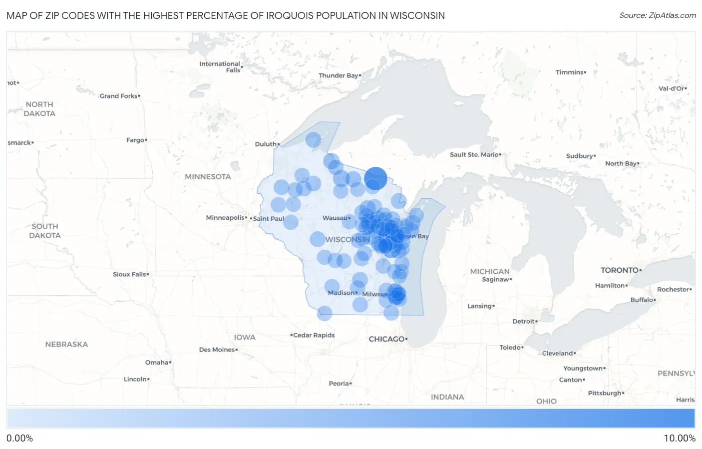 Zip Codes with the Highest Percentage of Iroquois Population in Wisconsin Map