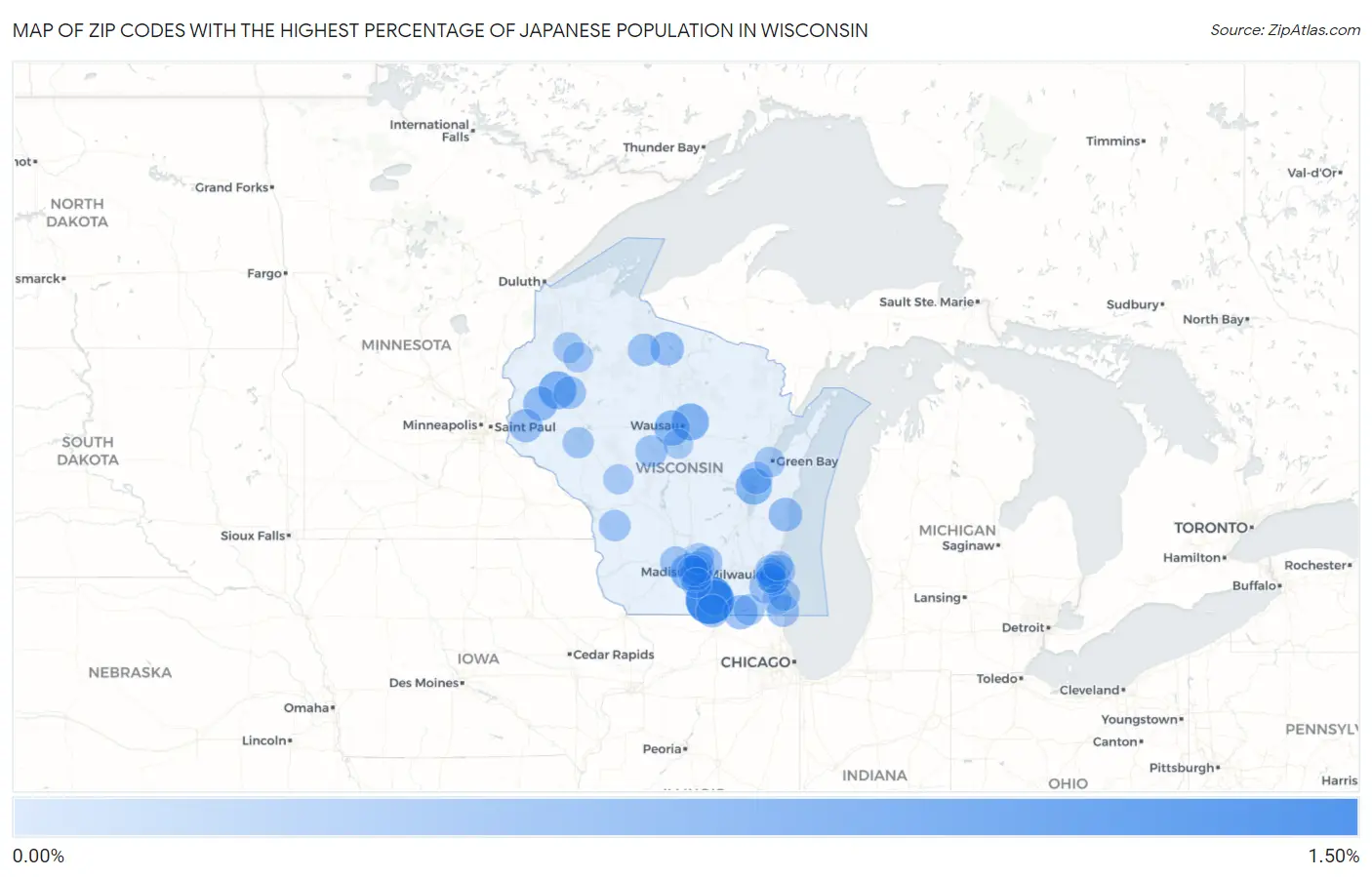 Zip Codes with the Highest Percentage of Japanese Population in Wisconsin Map