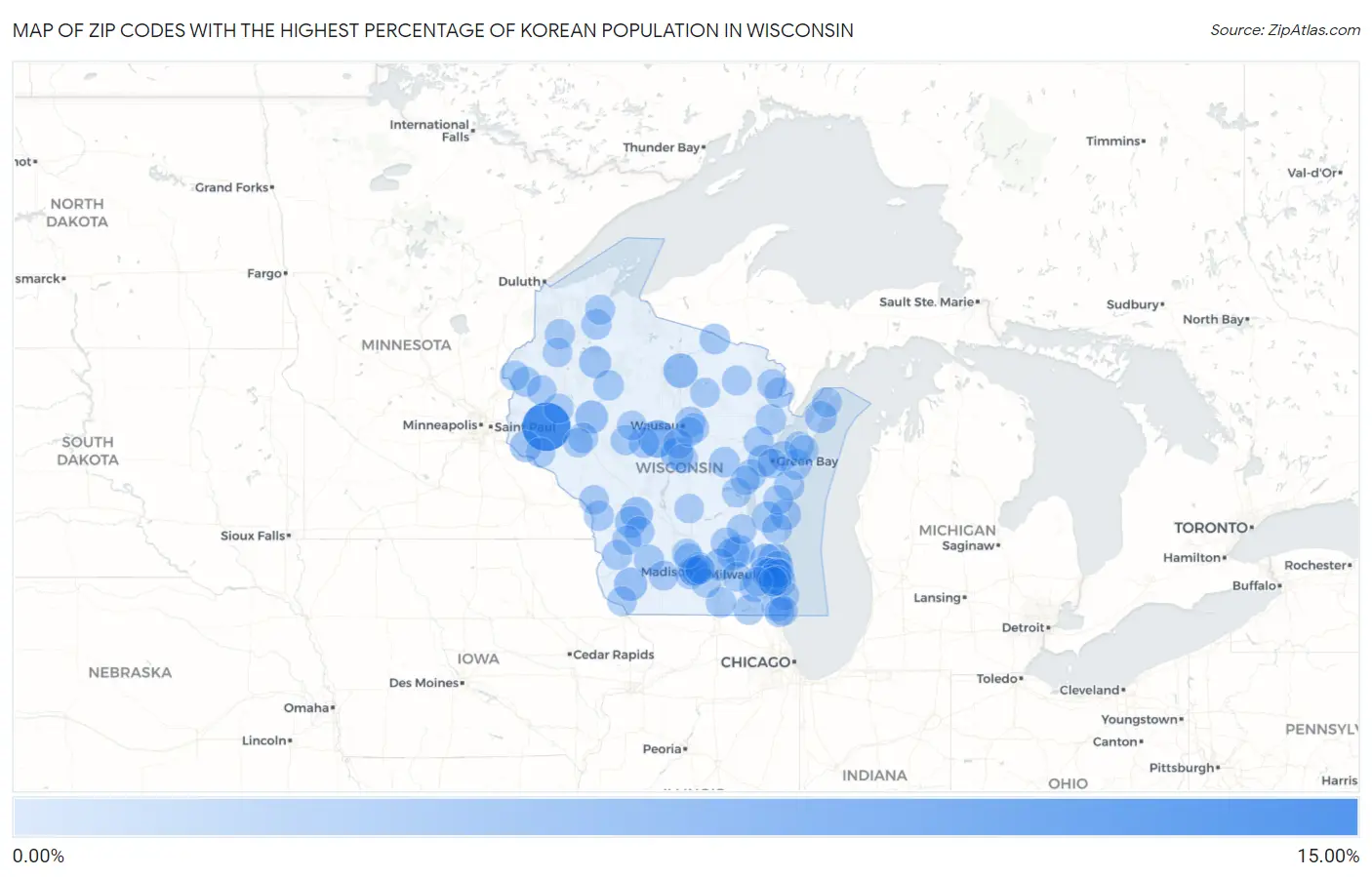 Zip Codes with the Highest Percentage of Korean Population in Wisconsin Map