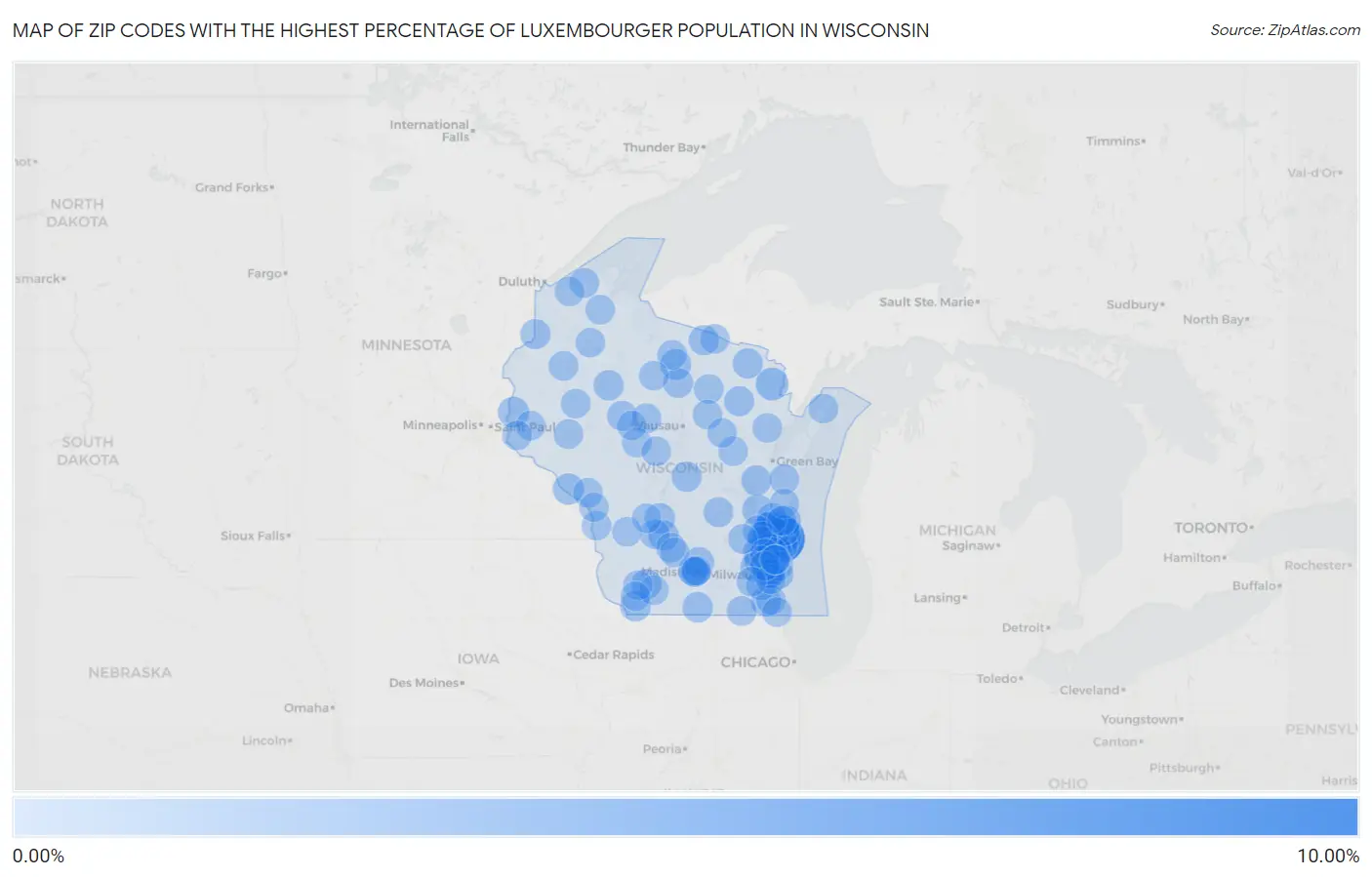 Zip Codes with the Highest Percentage of Luxembourger Population in Wisconsin Map