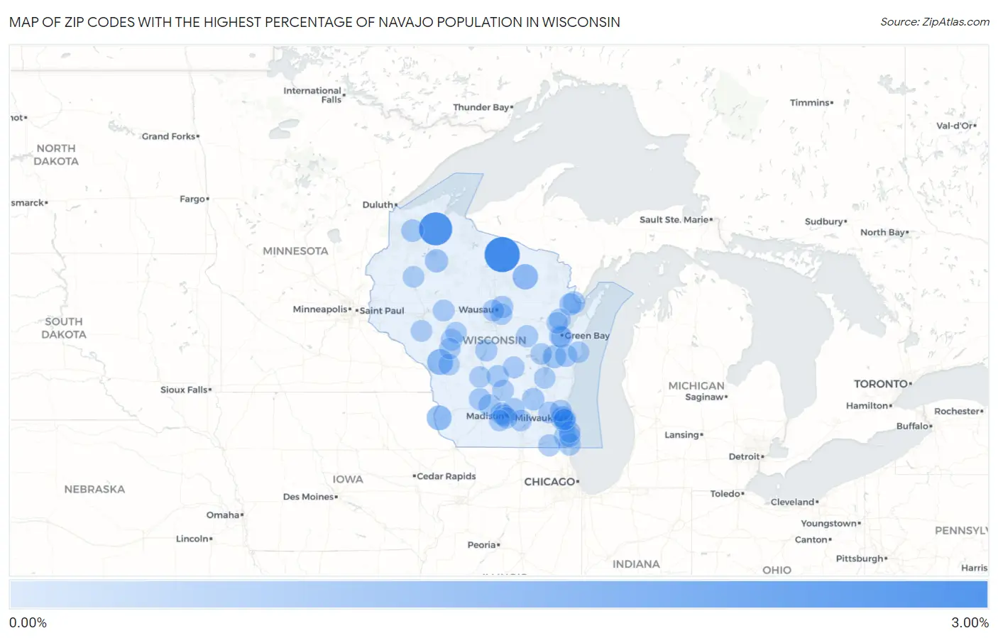 Zip Codes with the Highest Percentage of Navajo Population in Wisconsin Map