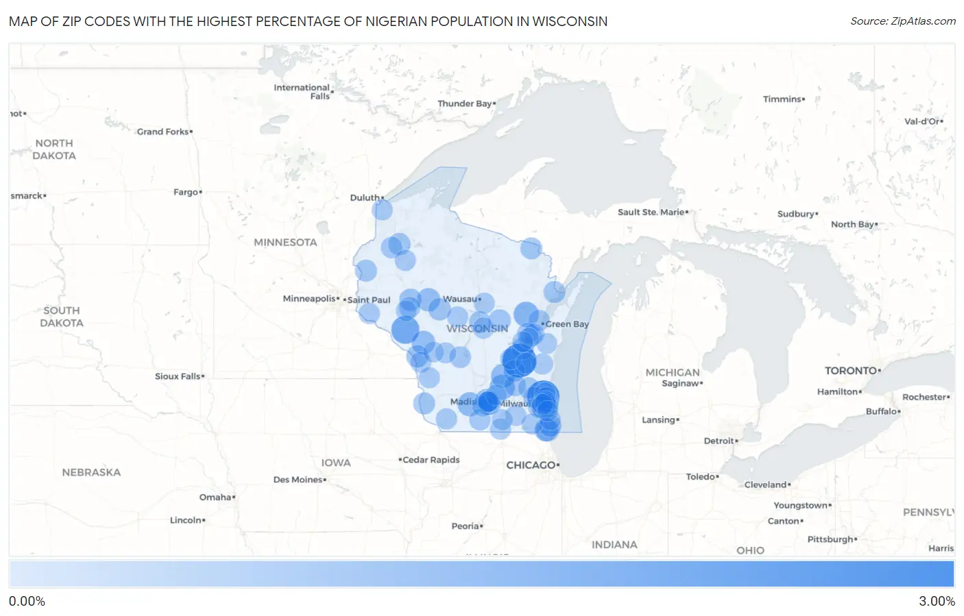 Zip Codes with the Highest Percentage of Nigerian Population in Wisconsin Map