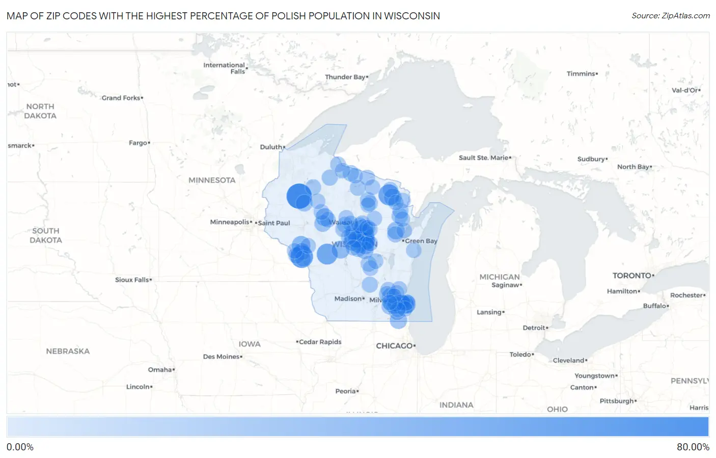 Zip Codes with the Highest Percentage of Polish Population in Wisconsin Map