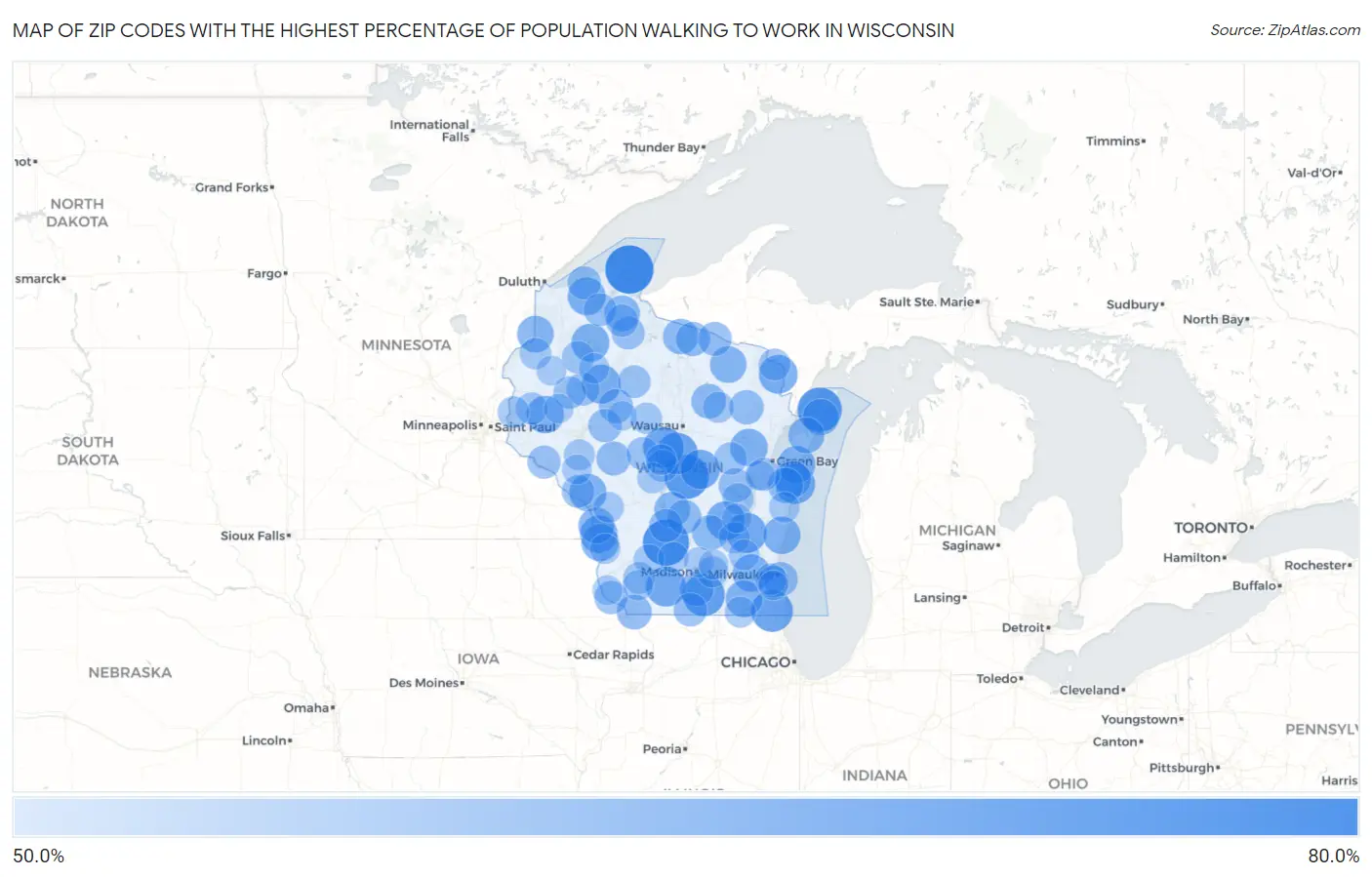 Zip Codes with the Highest Percentage of Population Walking to Work in Wisconsin Map