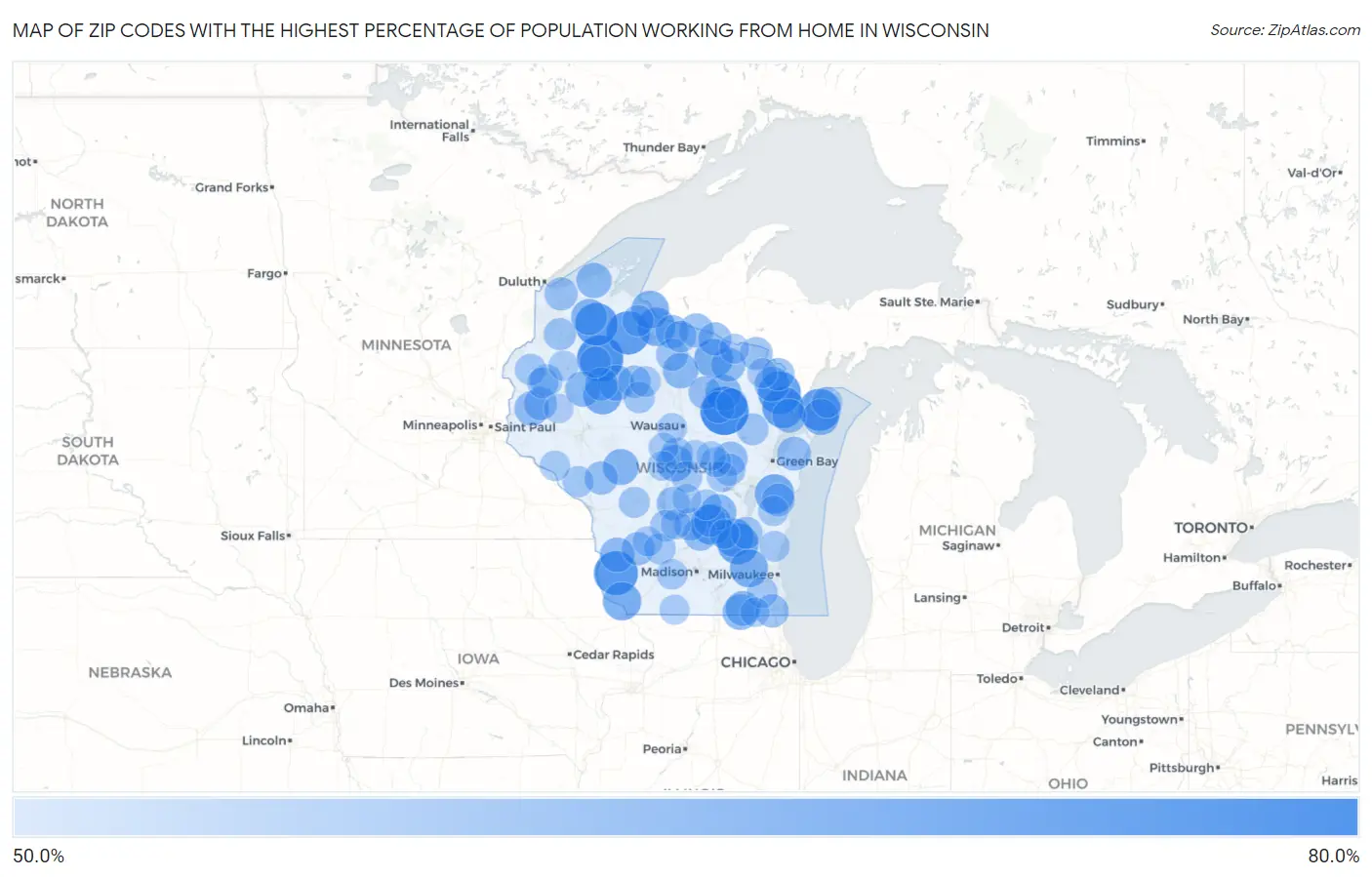 Zip Codes with the Highest Percentage of Population Working from Home in Wisconsin Map