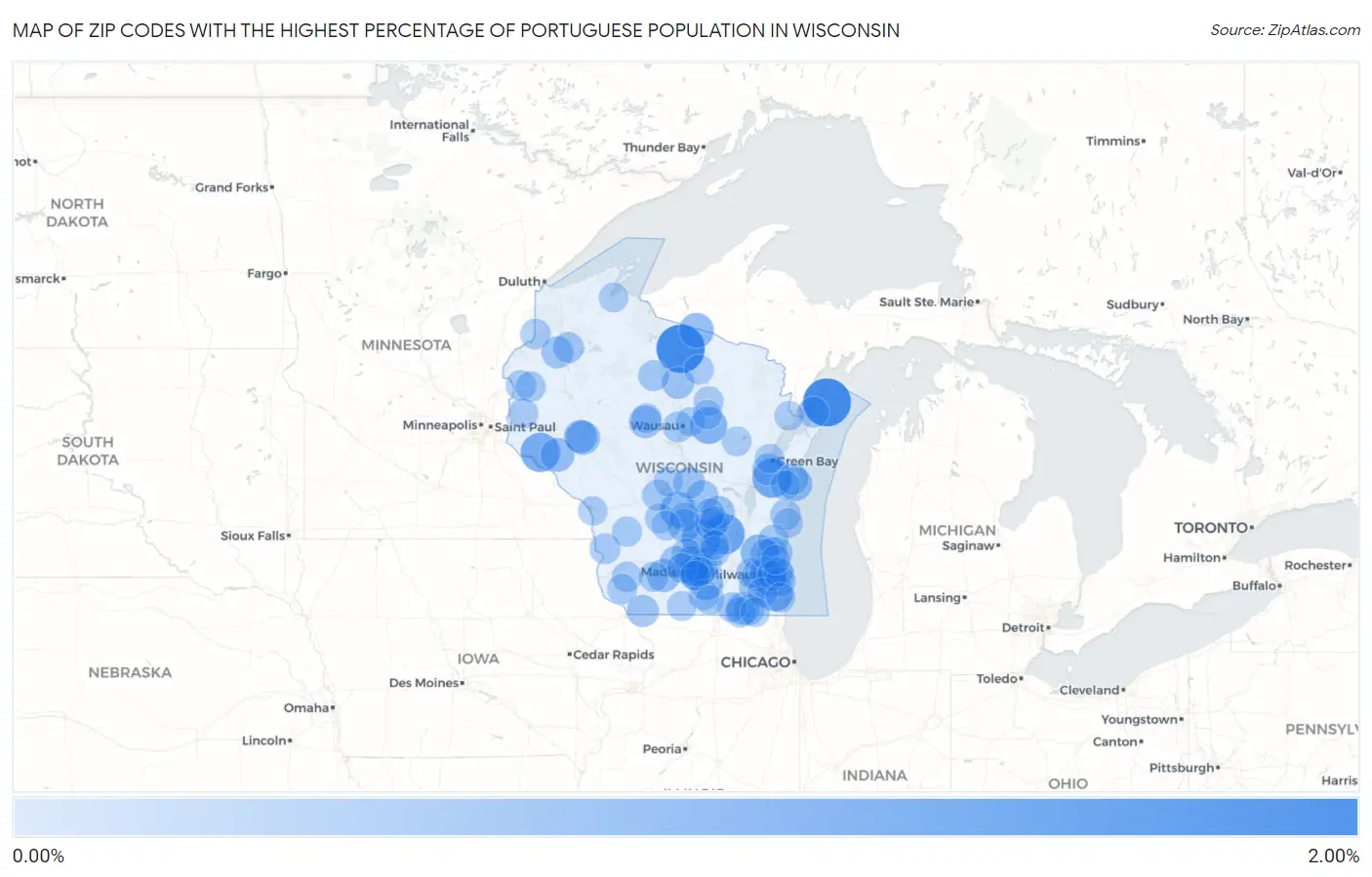 Zip Codes with the Highest Percentage of Portuguese Population in Wisconsin Map