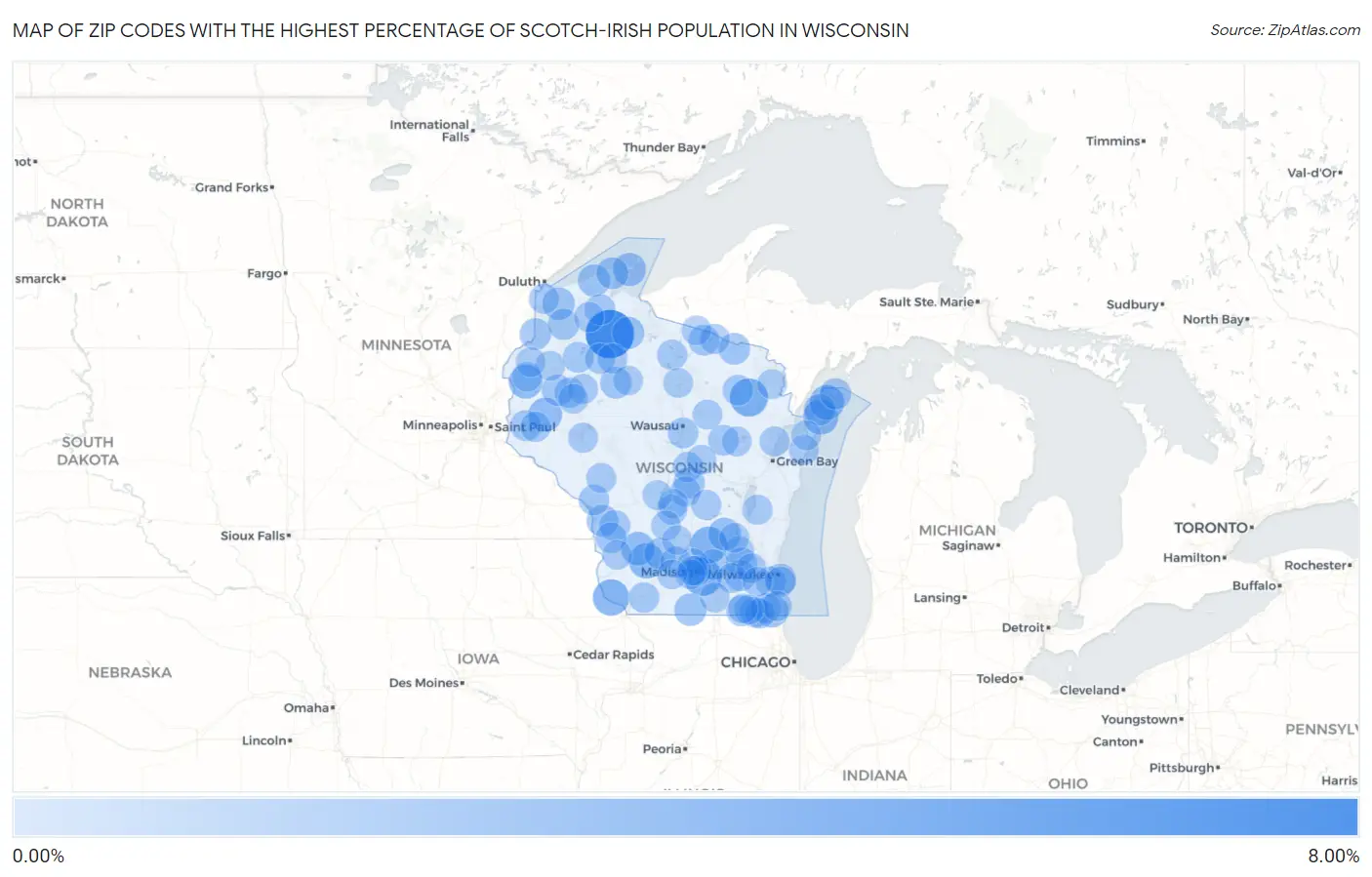 Zip Codes with the Highest Percentage of Scotch-Irish Population in Wisconsin Map