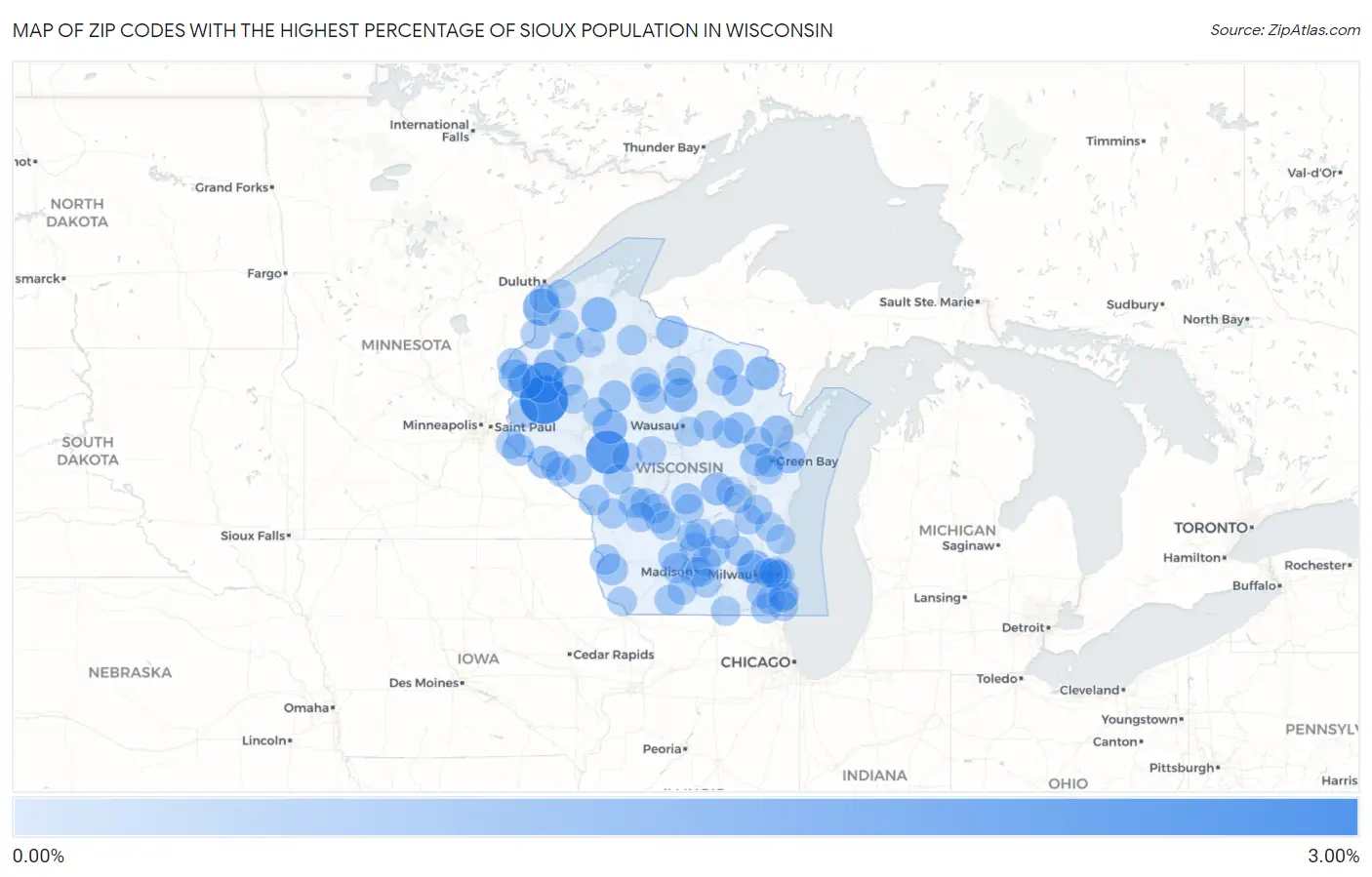 Zip Codes with the Highest Percentage of Sioux Population in Wisconsin Map