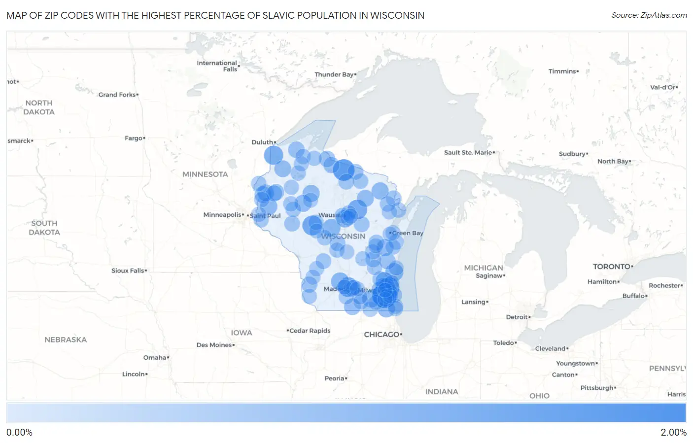 Zip Codes with the Highest Percentage of Slavic Population in Wisconsin Map