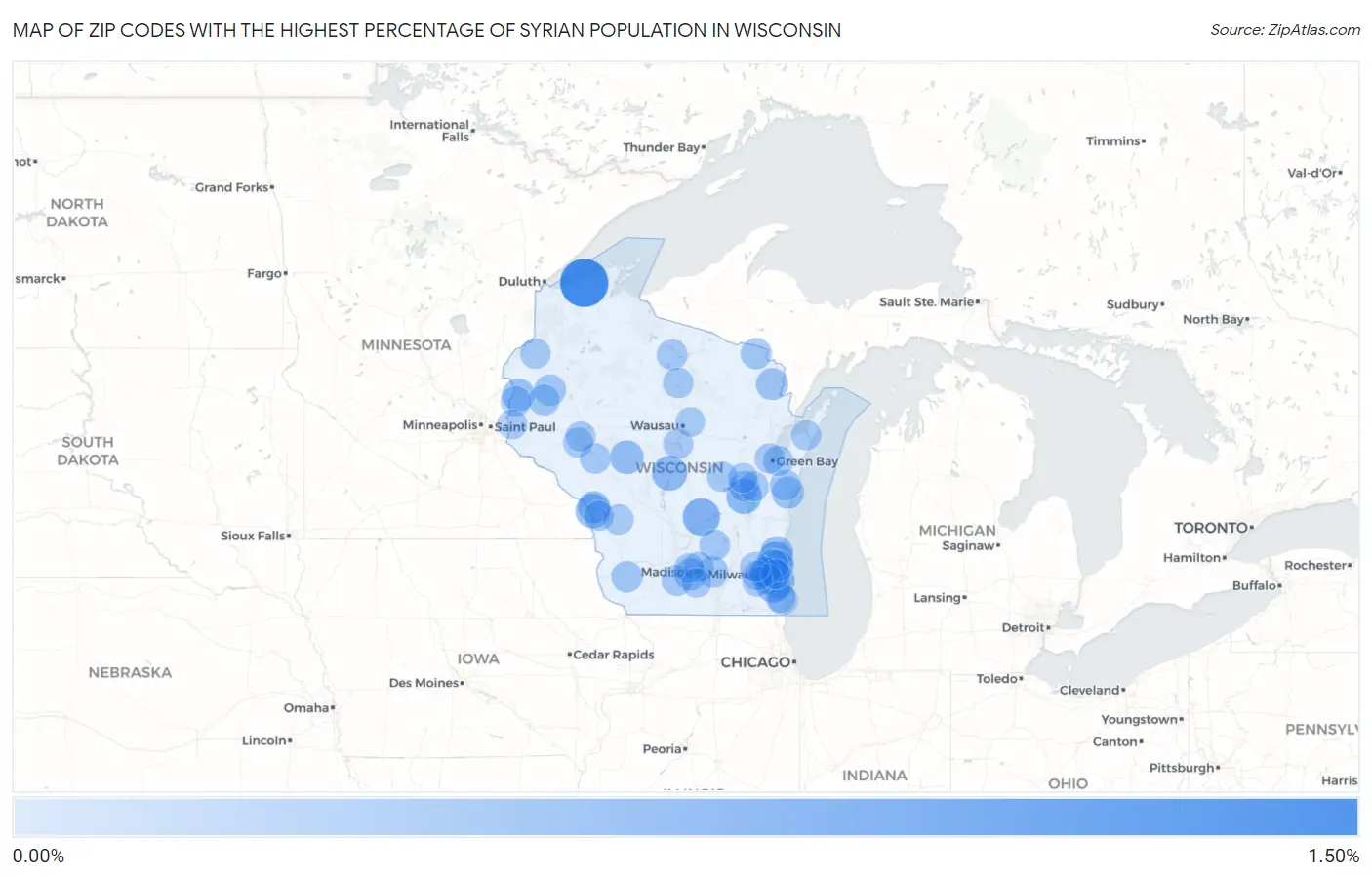 Zip Codes with the Highest Percentage of Syrian Population in Wisconsin Map