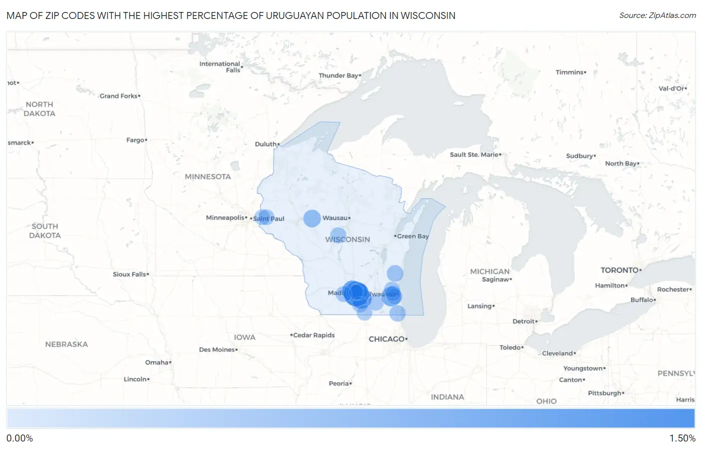 Zip Codes with the Highest Percentage of Uruguayan Population in Wisconsin Map