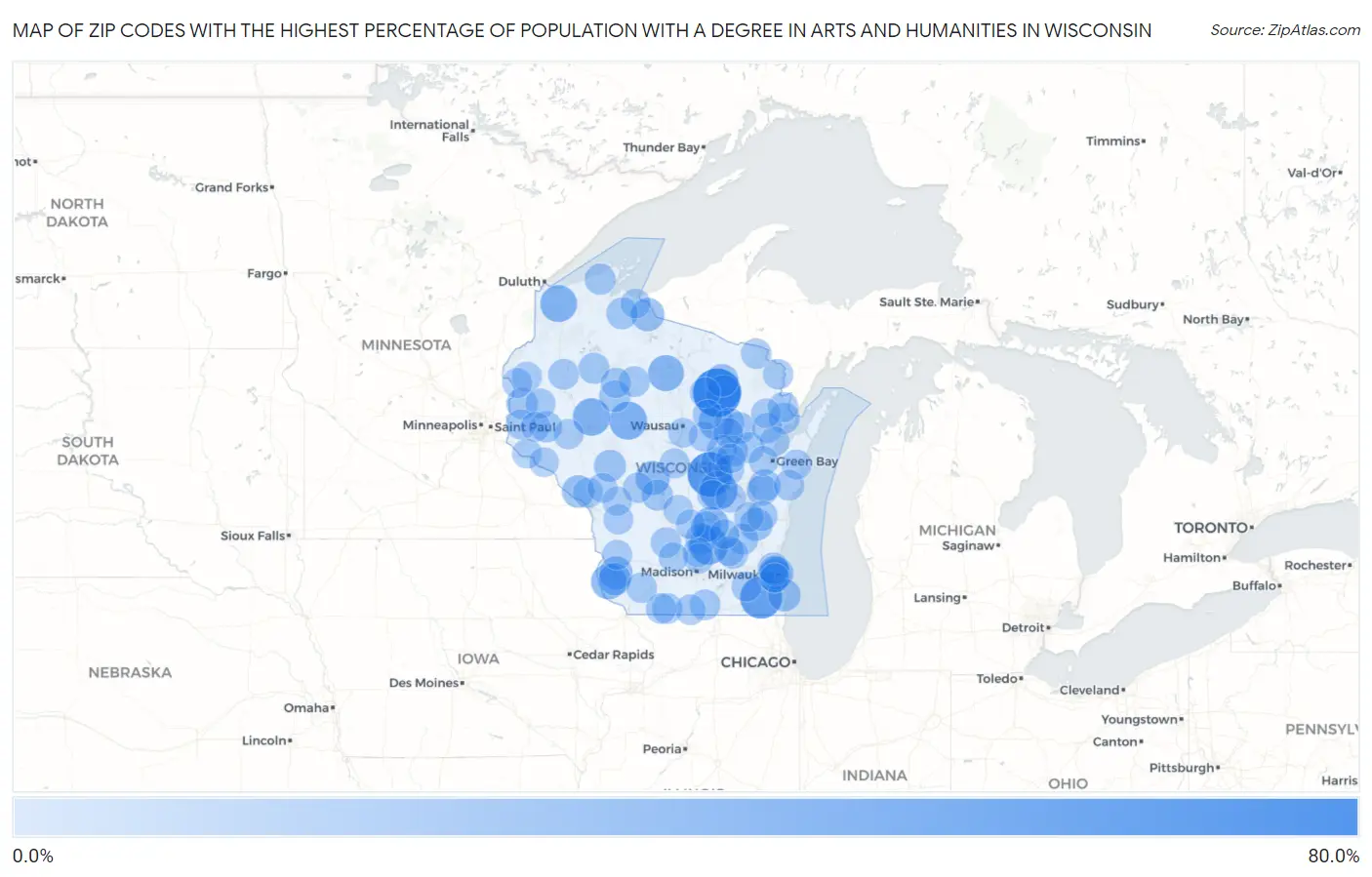 Zip Codes with the Highest Percentage of Population with a Degree in Arts and Humanities in Wisconsin Map