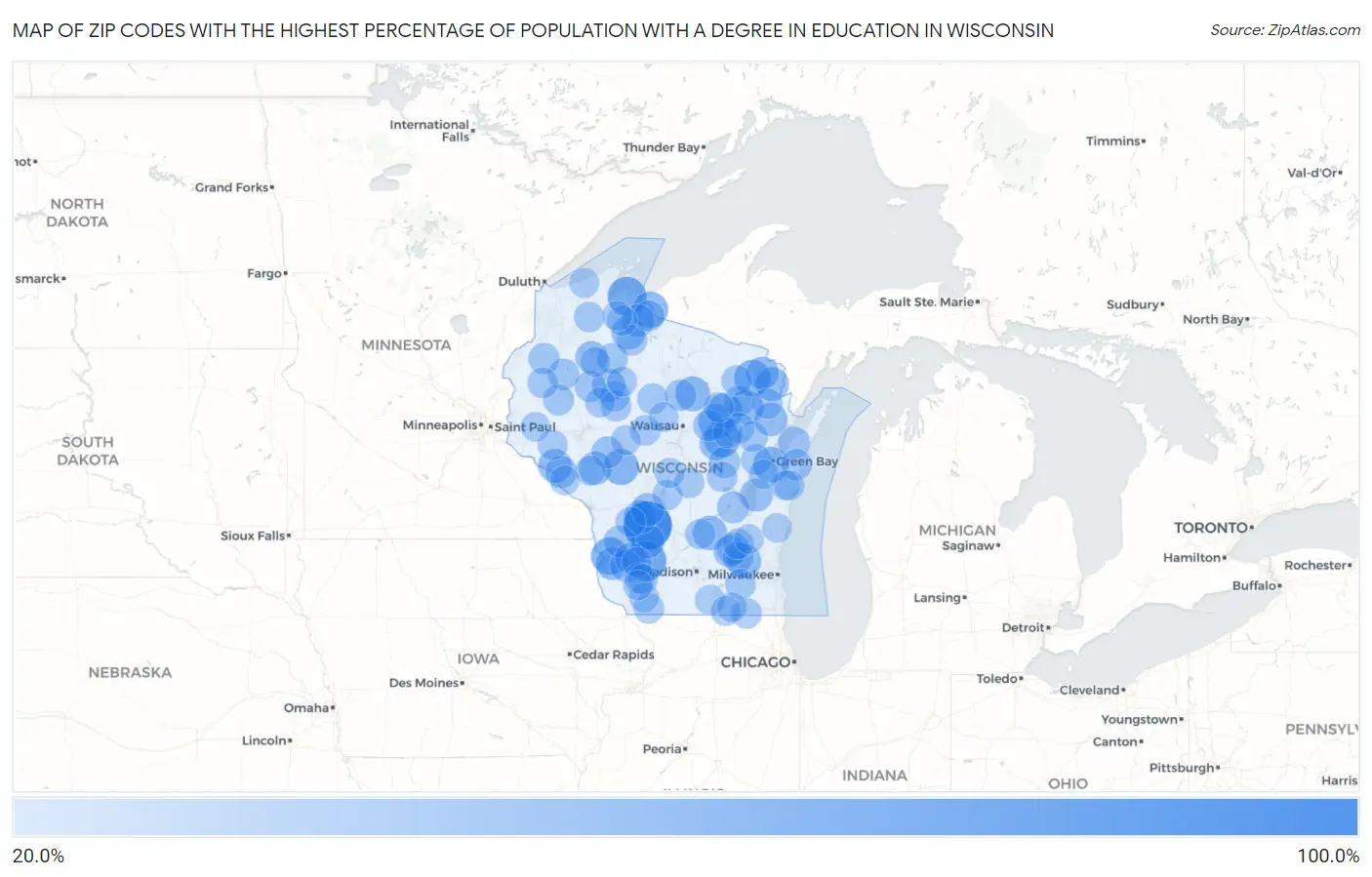 Zip Codes with the Highest Percentage of Population with a Degree in Education in Wisconsin Map